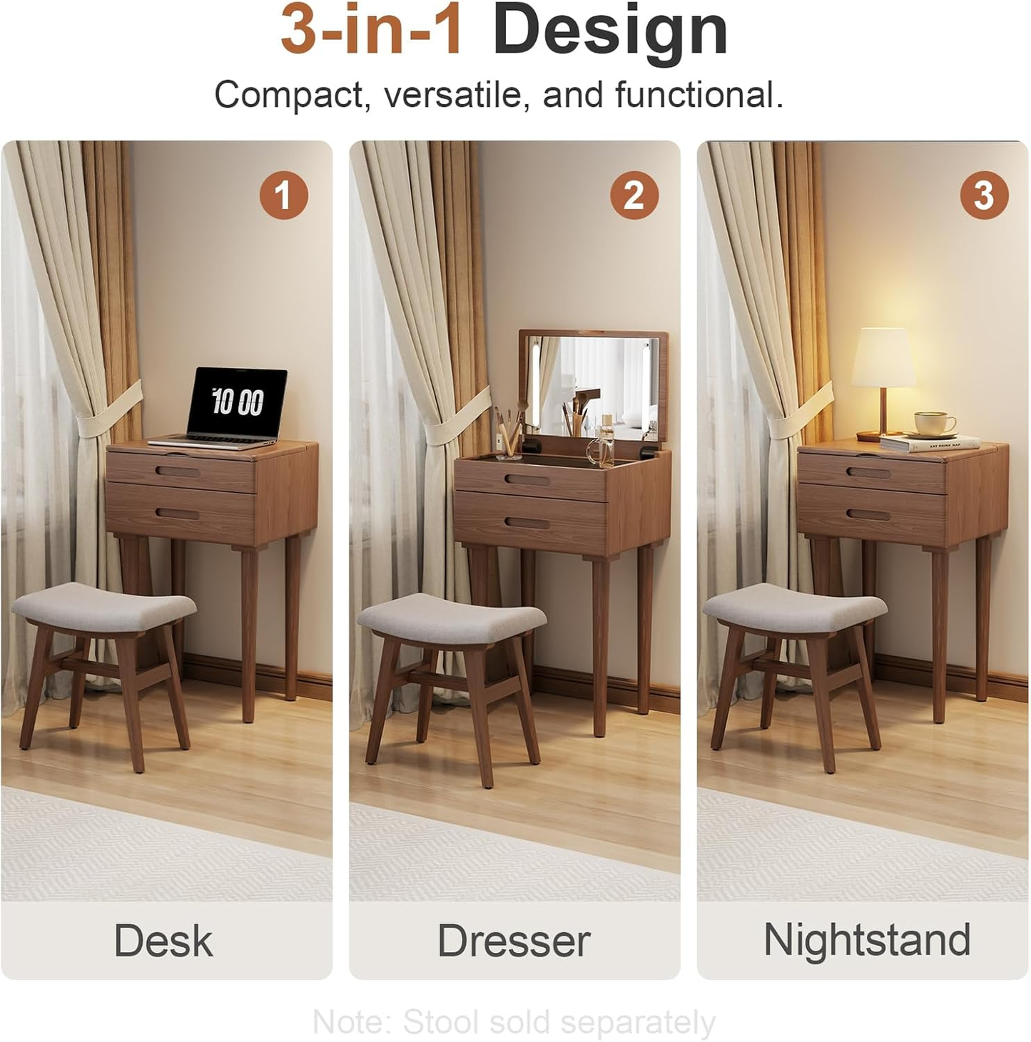 Solid Wood Walnut Vanity Desk with LED Mirror & Lights