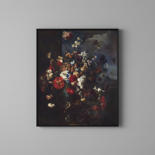 Dark baroque bouquet fine art print, displayed in simple black frame on light gray wall - moody floral wall art