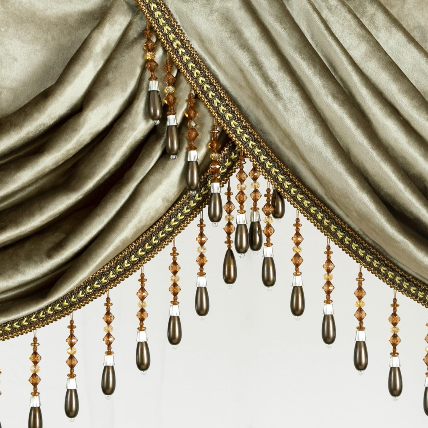 Vintage Waterfall Valance Curtain — Brown Velvet Window Treatment with Beaded Tassels