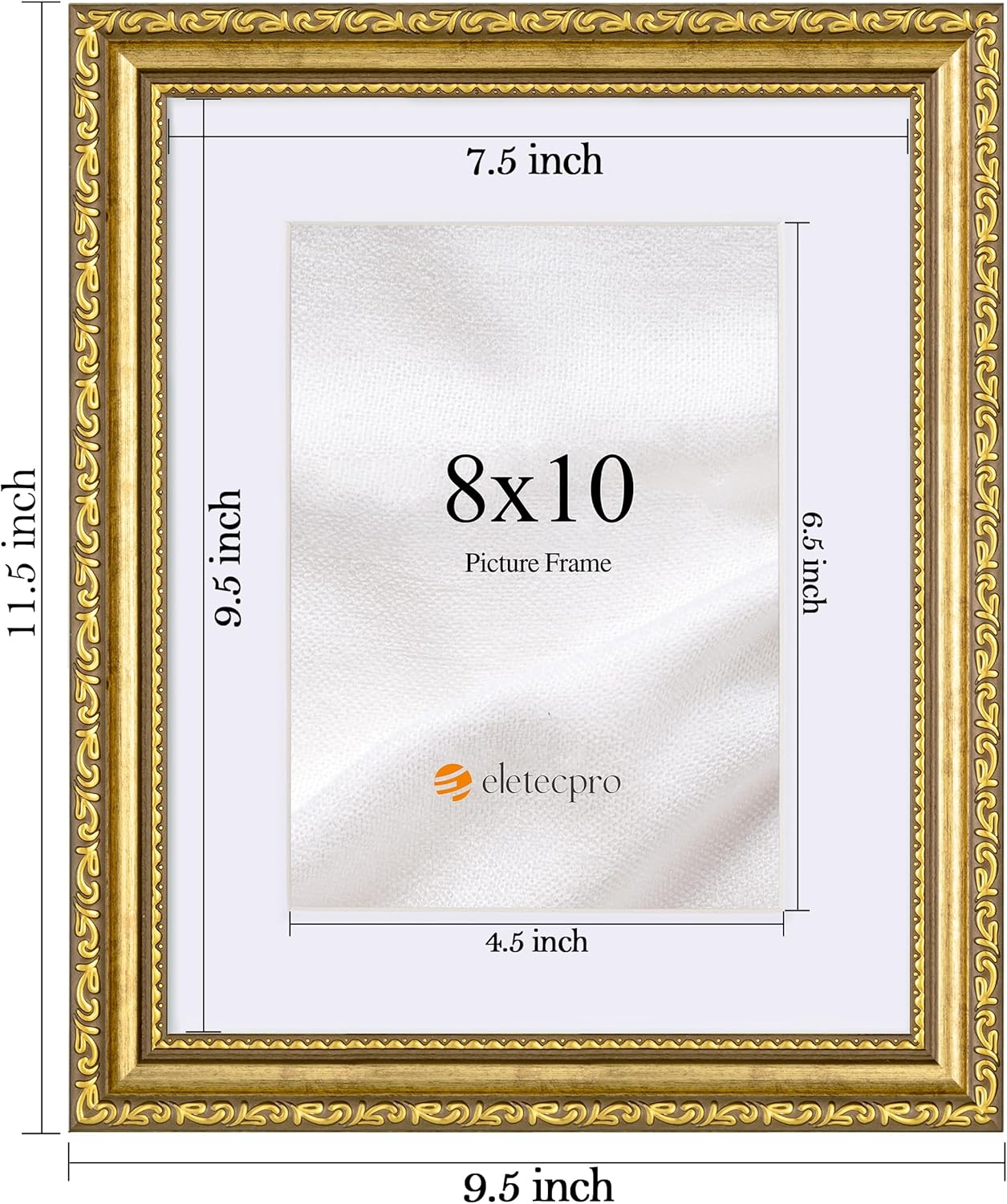 Gold picture frame with dimensions and 'eletecpro' branding