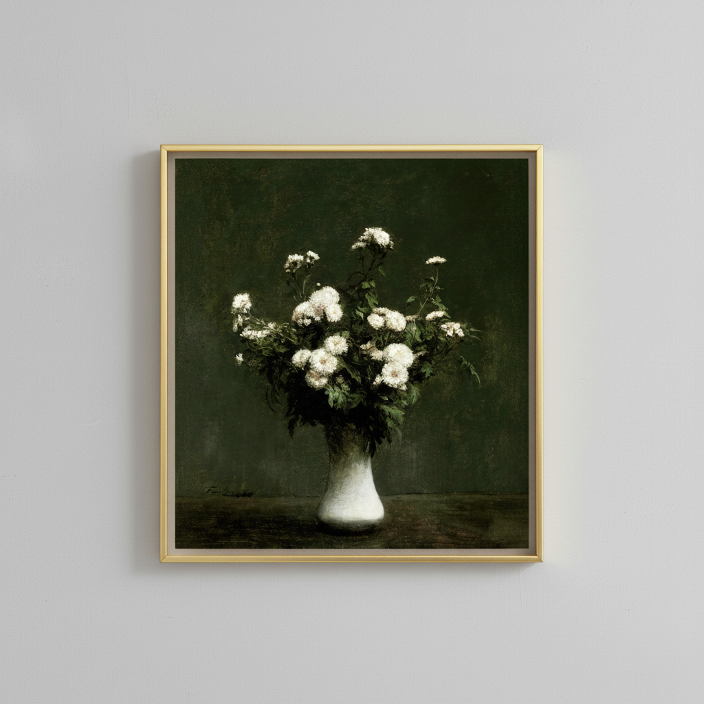 Vintage white bouquet still life fine art print, displayed in brassy gold frame on light gray wall - elegant home decor