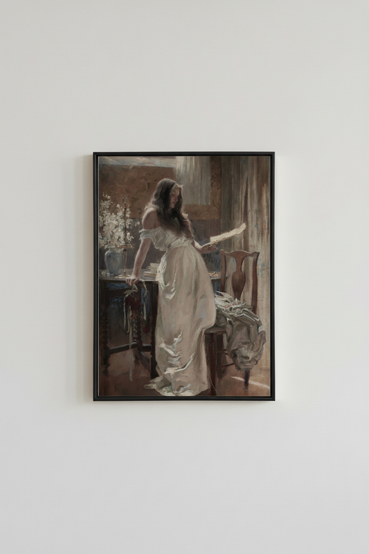 Vintage romantic fine art print of woman reading in sunlit interior, displayed in simple black frame on light gray wall - moody dark academia wall art