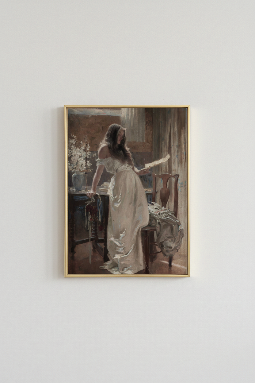 Vintage romantic fine art print of woman reading in sunlit interior, displayed in brassy gold frame on light gray wall - elegant literary wall decor