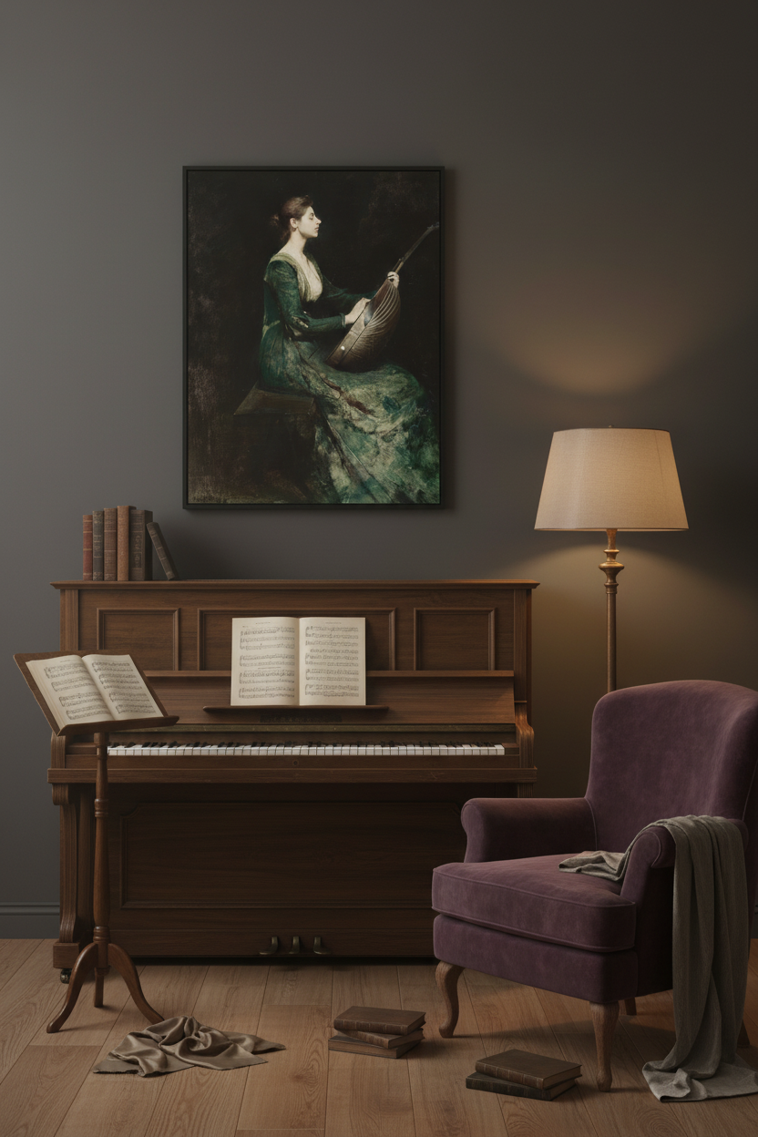 Moody music room with vintage violin portrait above piano