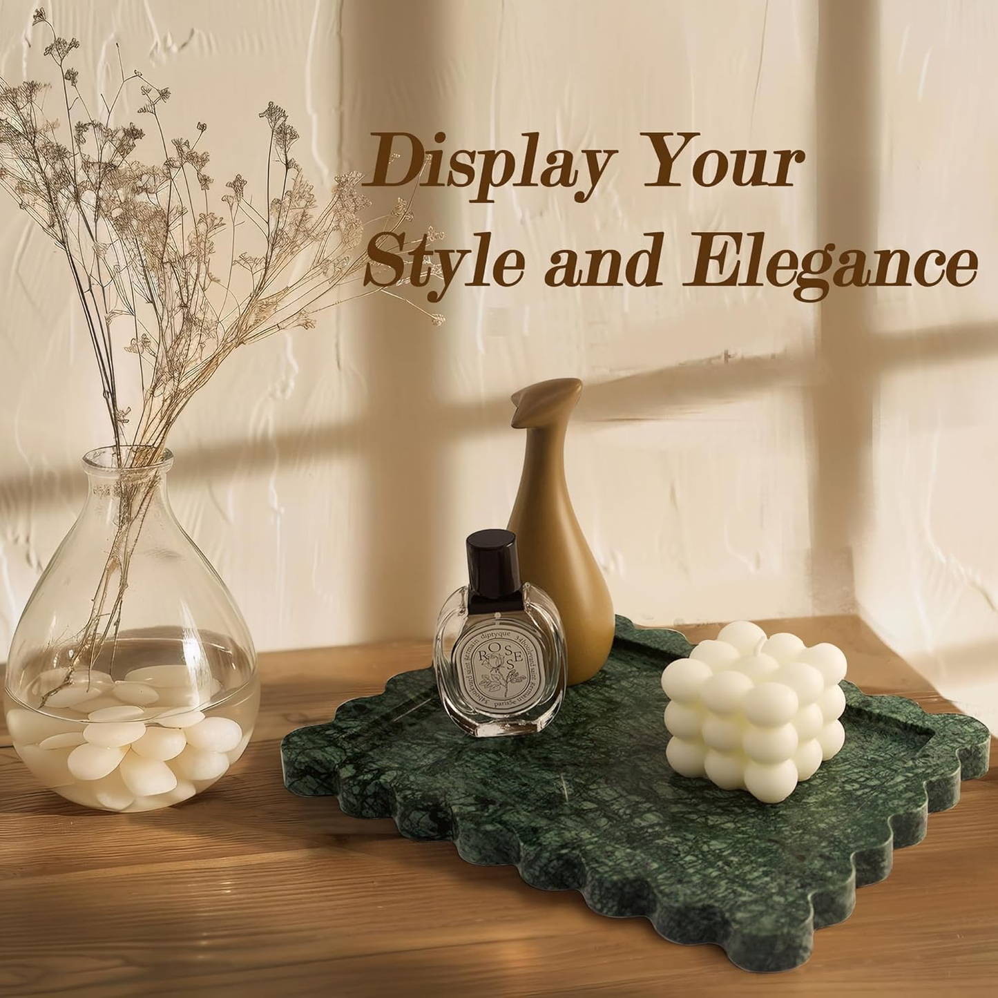 Genuine Indian Green Scalloped Marble Tray — Luxury Decorative Tray for Vanity & Home Decor