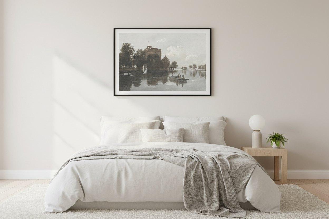 Misty castle lake landscape print in black frame on light wall in serene minimalist bedroom