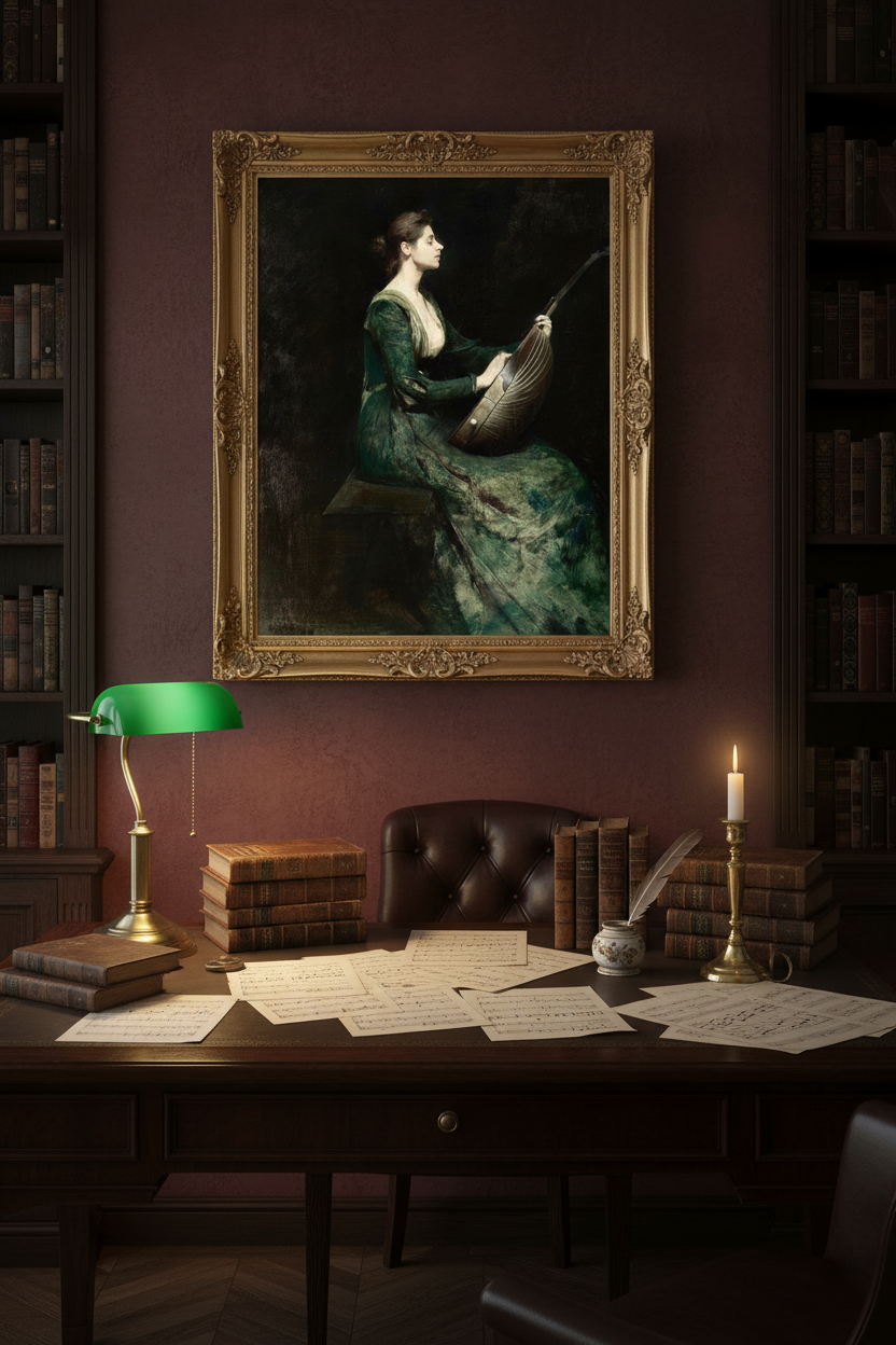 Dark academia study with vintage violin portrait above desk