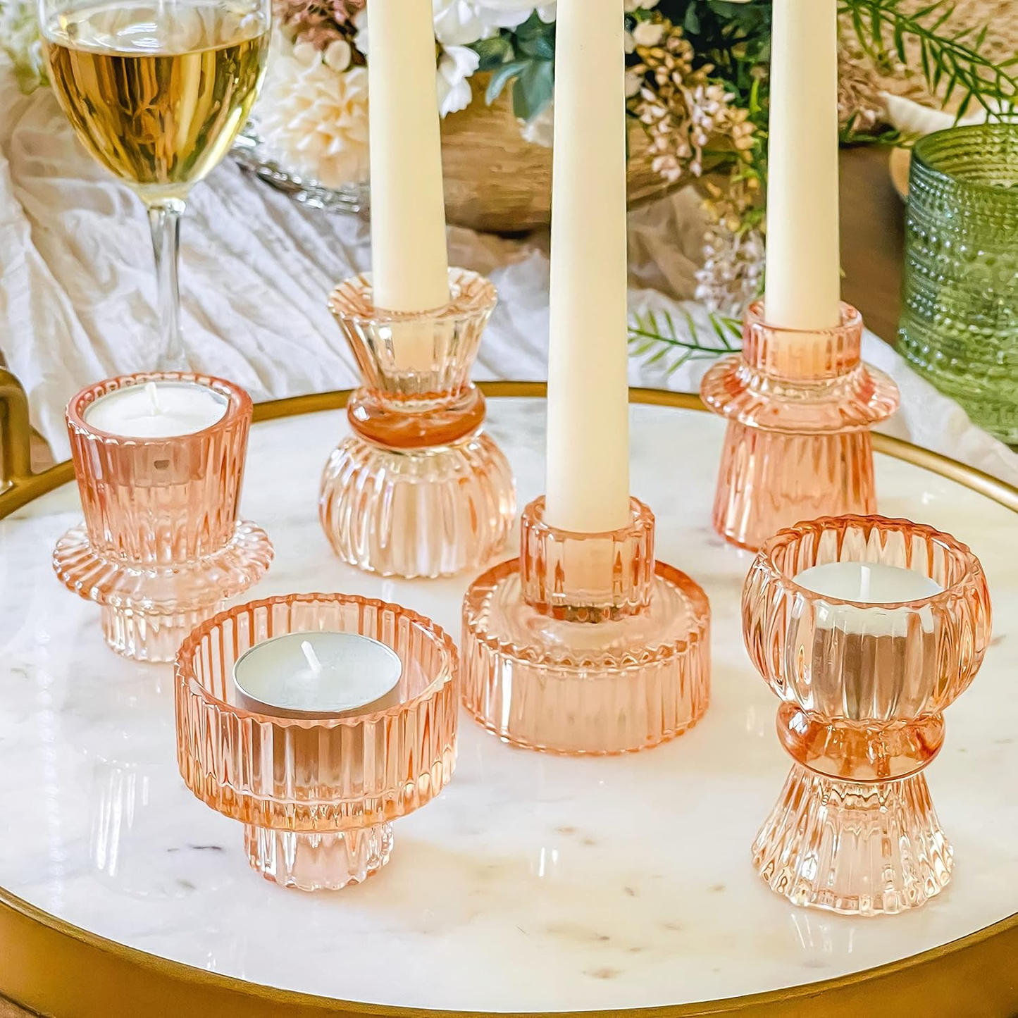 Vintage Ribbed Glass Rose Gold Candlestick Holders (Set of 6) – Tealight, Taper & Pillar Candle Holder Set