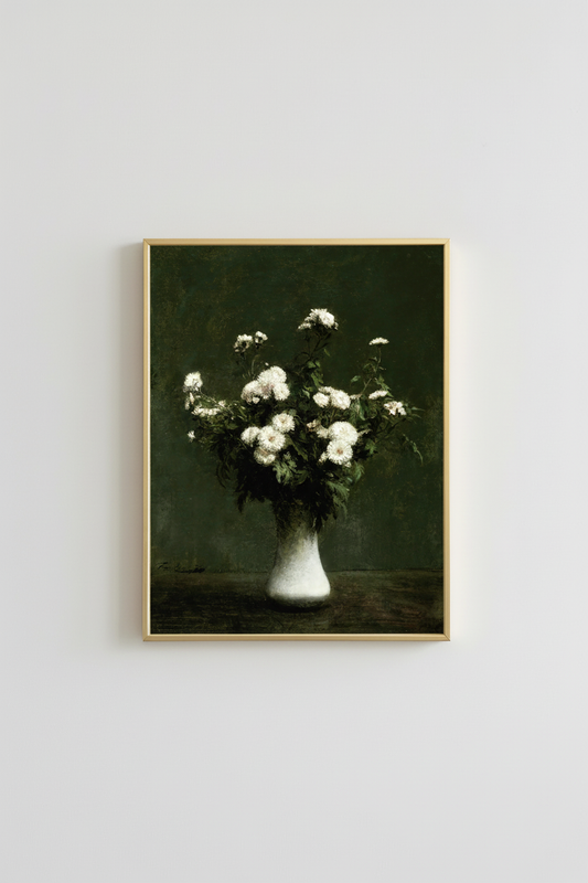 Moody White Chrysanthemums in simple gold frame