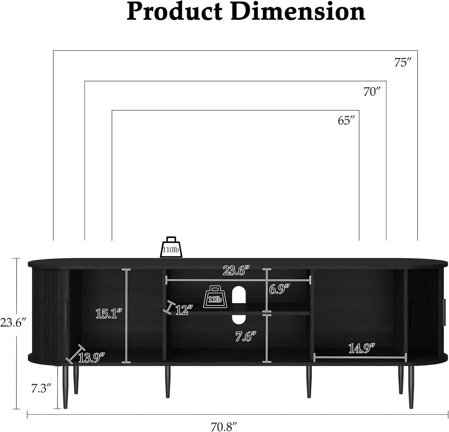 ARTPOWER 70" Modern TV Stand with Tambour Door - Black Entertainment Center for TVs up to 80"