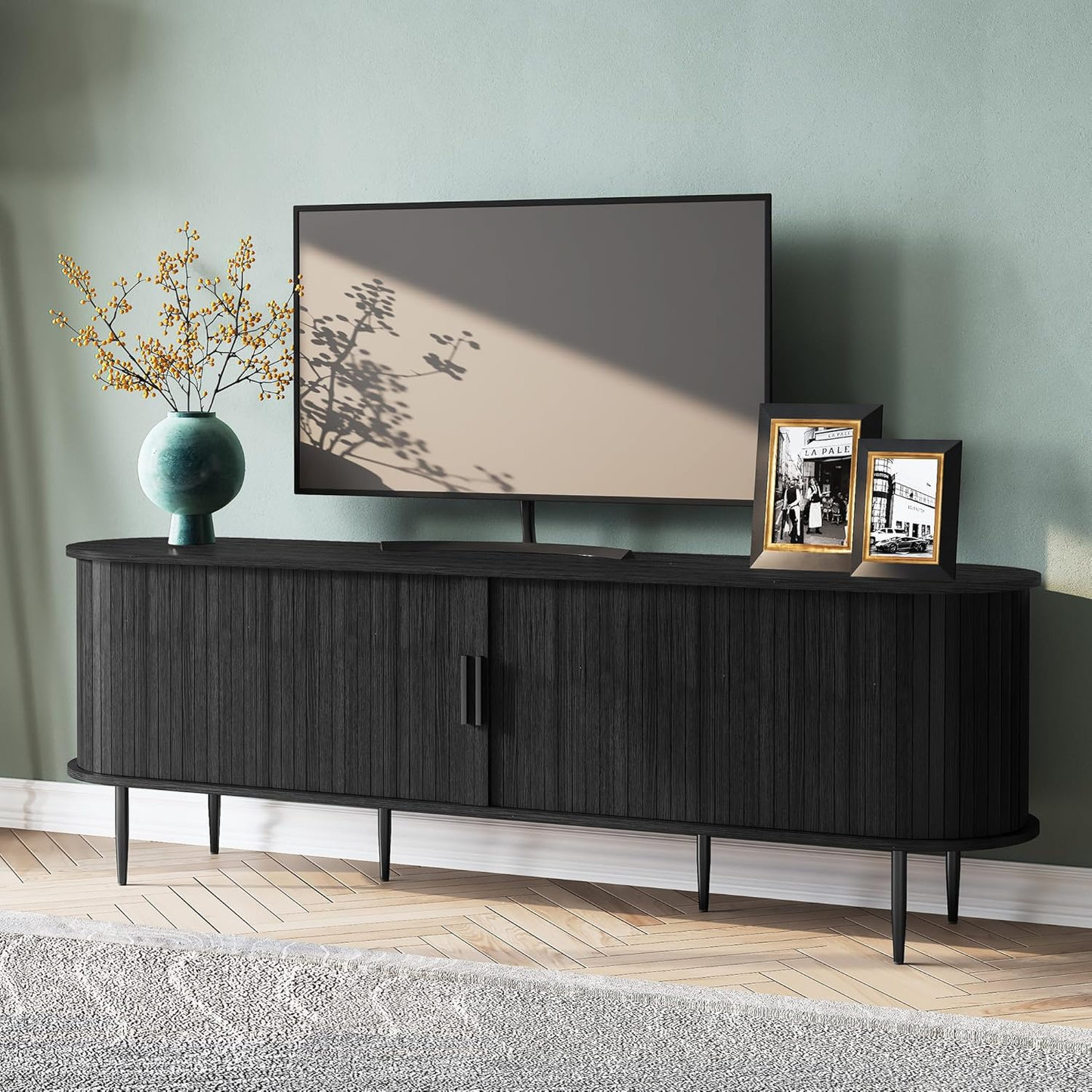 ARTPOWER 70" Modern TV Stand with Tambour Door - Black Entertainment Center for TVs up to 80"