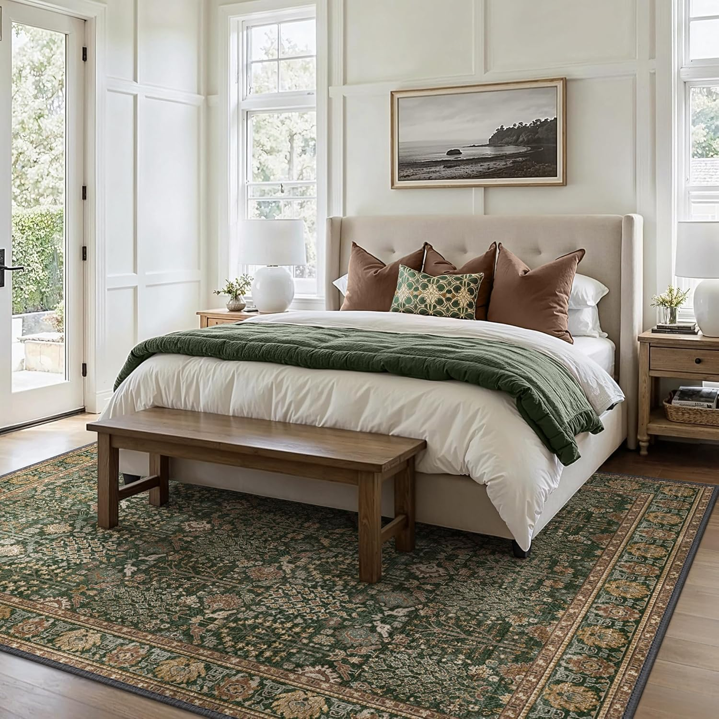 Dark Green Vintage Floral Area Rug 8x10 — Bavni Machine Washable Distressed Botanical