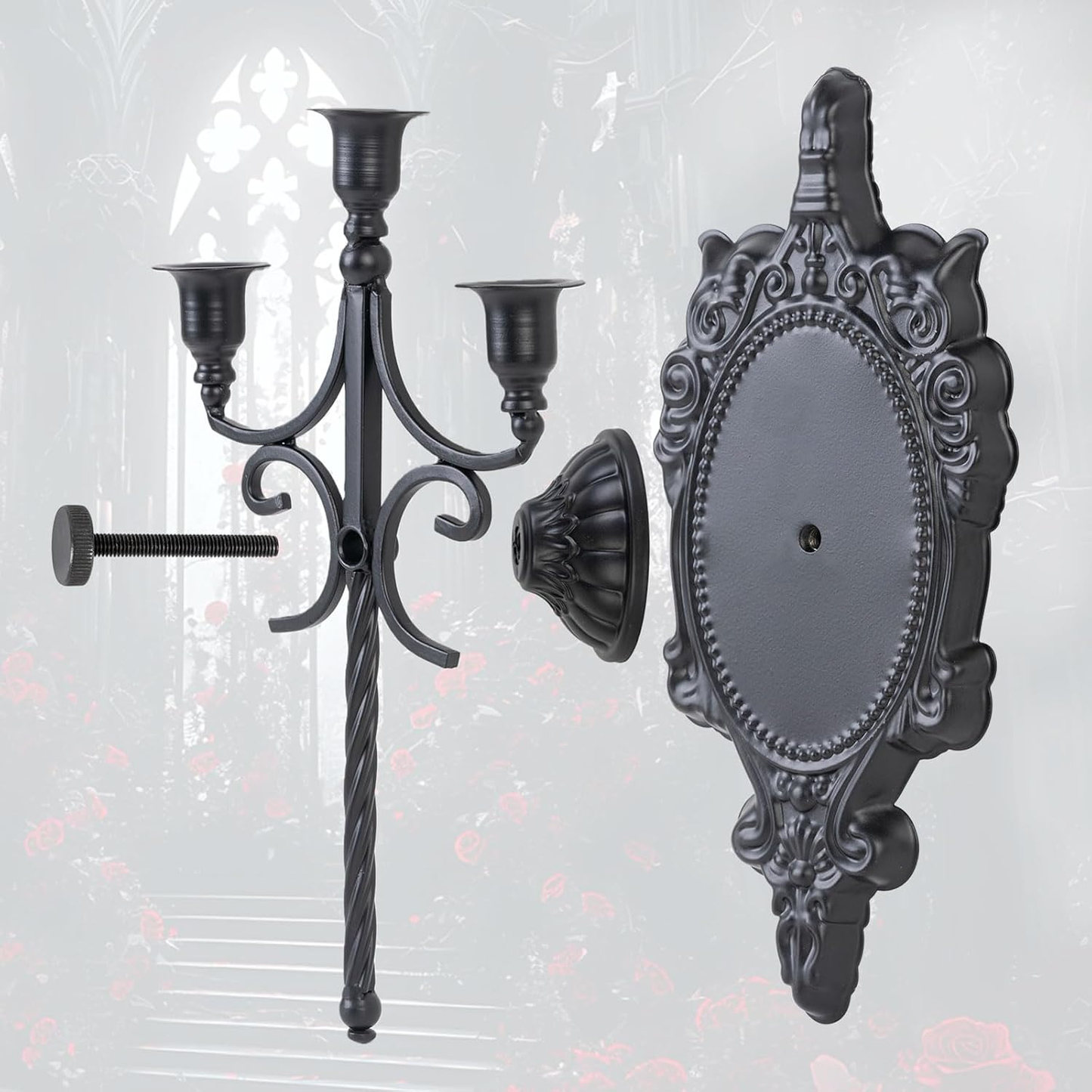 3-Arm Gothic Wall Sconce Set of Two | Victorian Metal Candle Holder | Dark Academia Decor