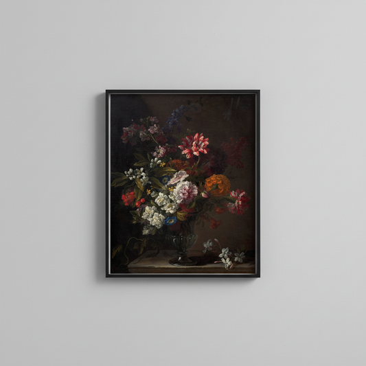 Dark romantic bouquet vintage floral fine art print, displayed in simple black frame on light gray wall - moody wall art