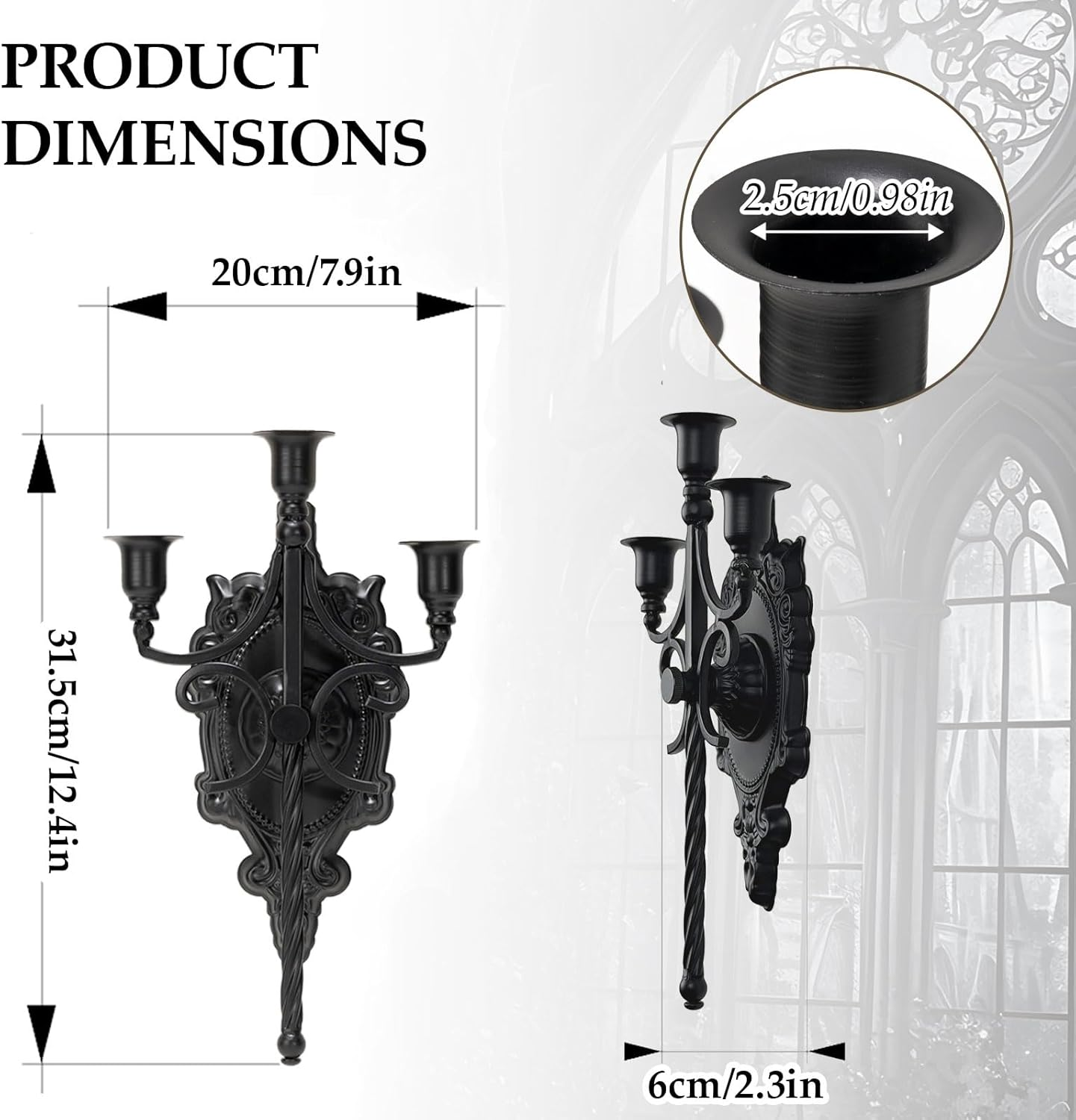 3-Arm Gothic Wall Sconce Set of Two | Victorian Metal Candle Holder | Dark Academia Decor