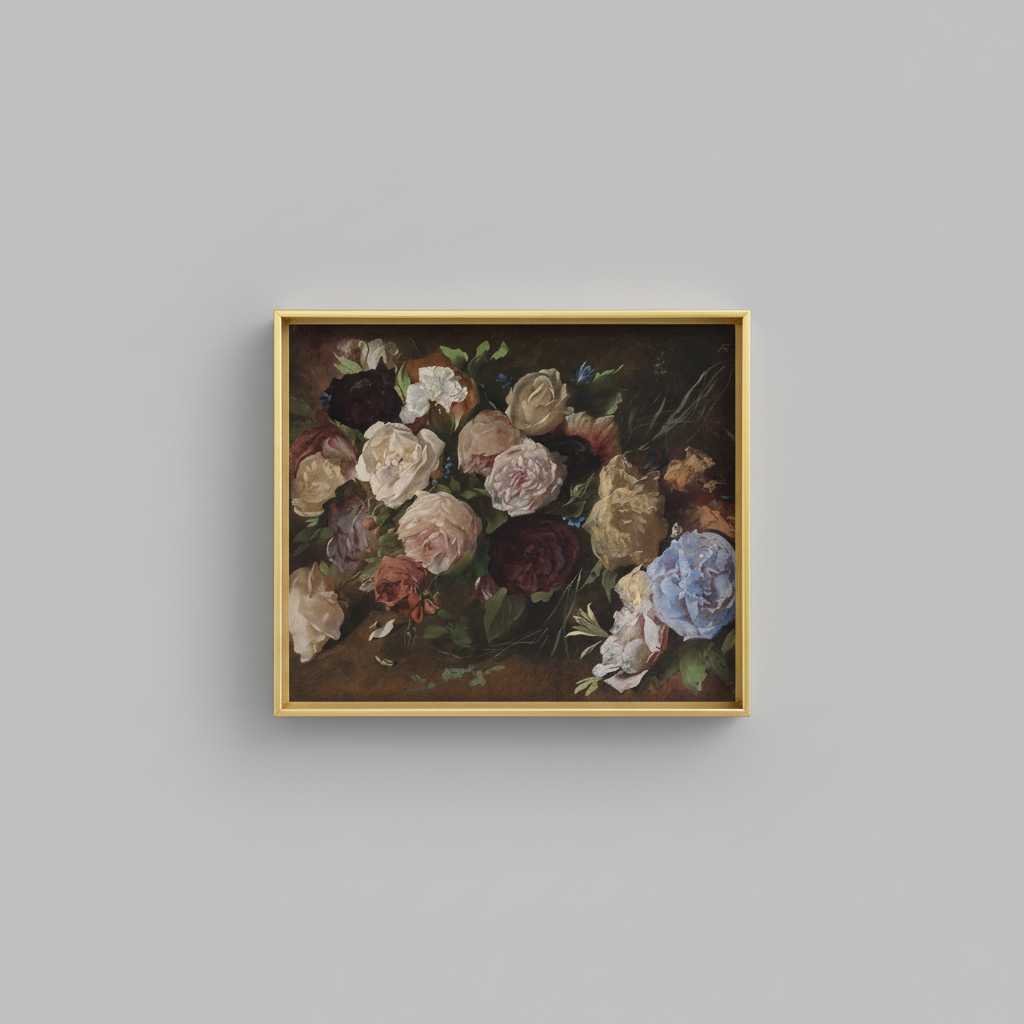 Vintage roses still life fine art print, displayed in brassy gold frame on light gray wall - elegant home decor