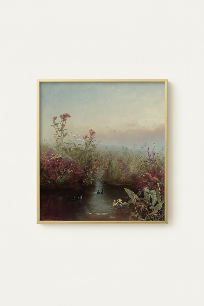 Wildflower landscape with ducks vintage print in simple gold frame - nature wall art