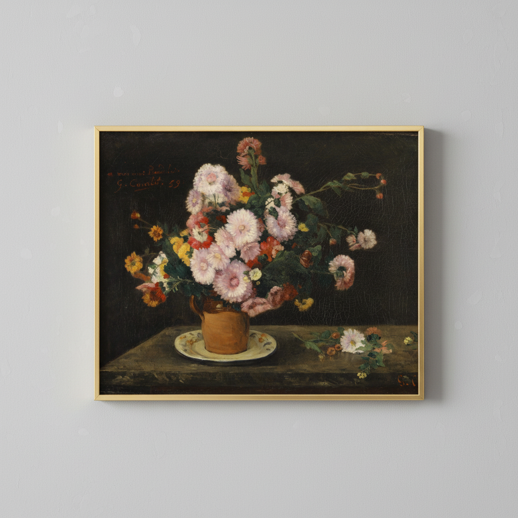 Vintage floral still life fine art print, displayed in brassy gold frame on light gray wall - elegant home decor