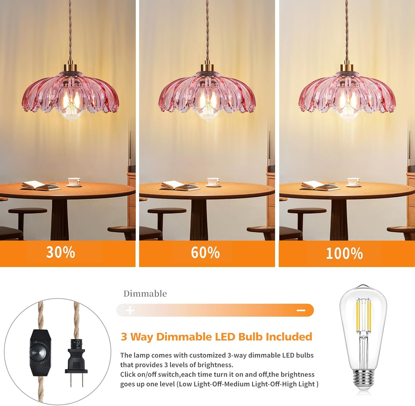 Pink Glass Pendant Light - Dimmable Flower Chandelier with Plug-In Cord & Gold Accents