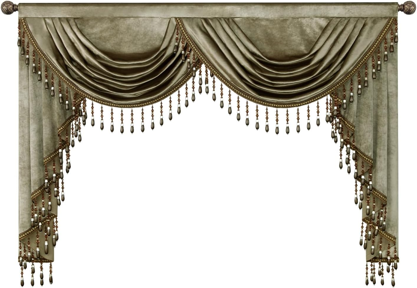 Vintage Waterfall Valance Curtain — Brown Velvet Window Treatment with Beaded Tassels