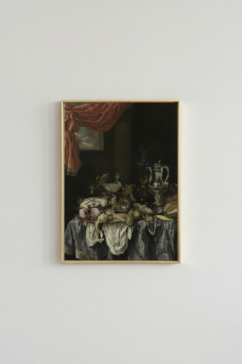 Dutch still life fine art print with vintage fruit and silver tabletop, displayed in brassy gold frame on light gray wall - classical dining room decor