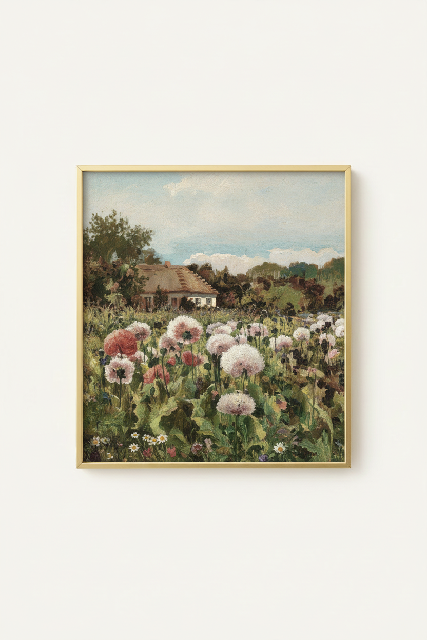 Romantic garden landscape wildflower print in simple gold frame - cottagecore wall art