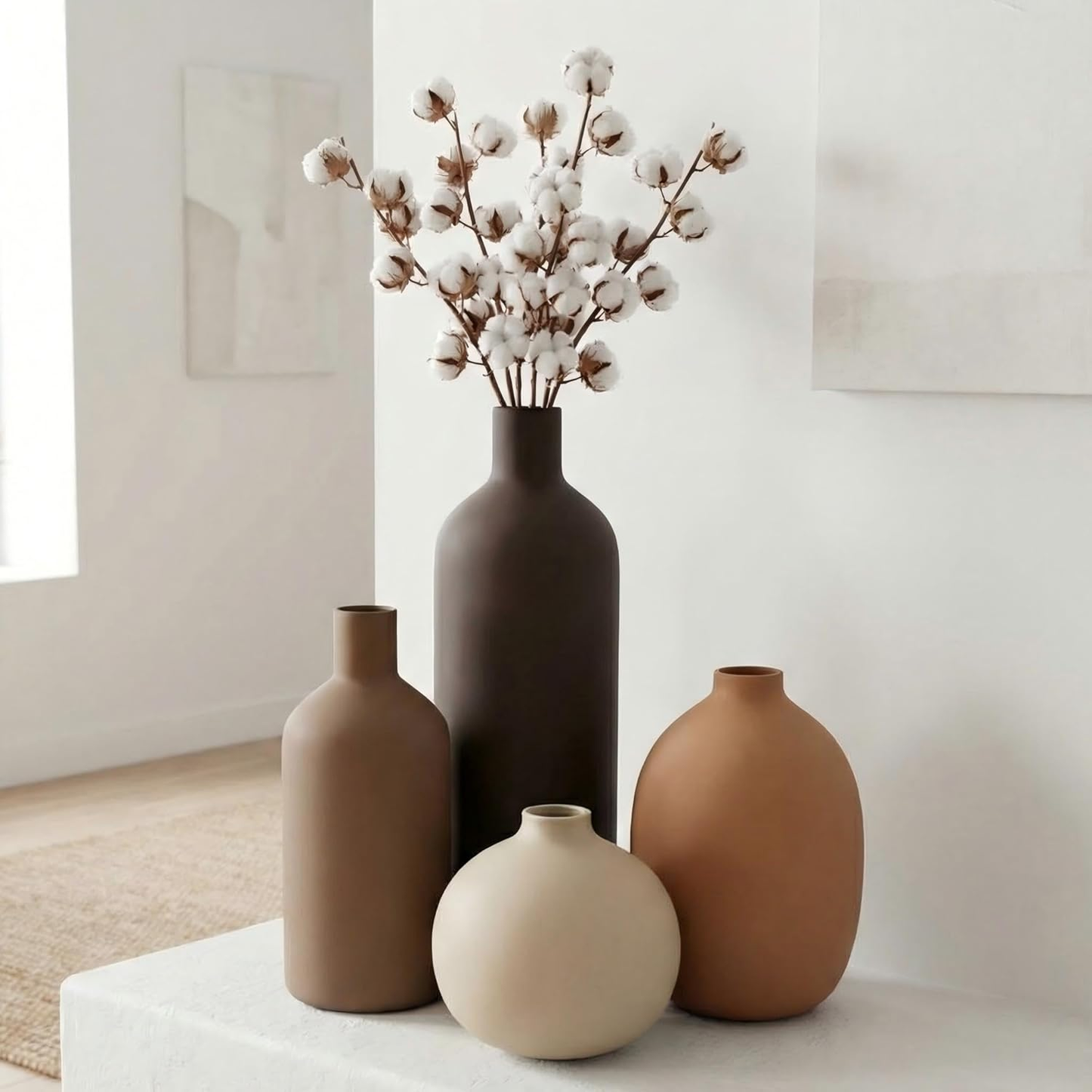 Ceramic Vase Set of 4 — Neutral Modern Decorative Flower Vases