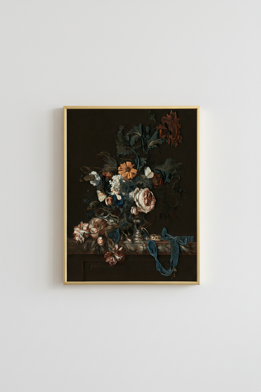 Moody Floral Still Life with Blue Ribbon in simple gold frame