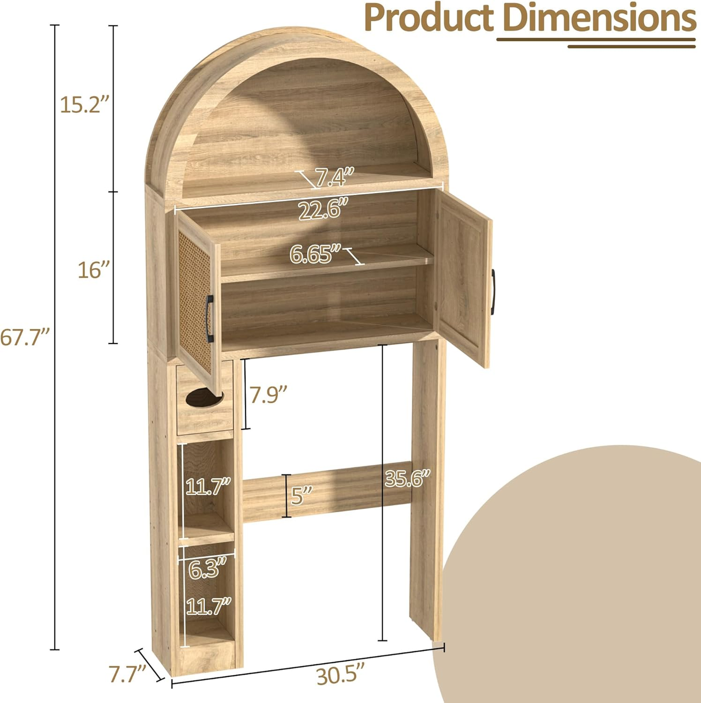 Arched Over-the-Toilet Storage Cabinet with Rattan Doors - Bathroom Organizer