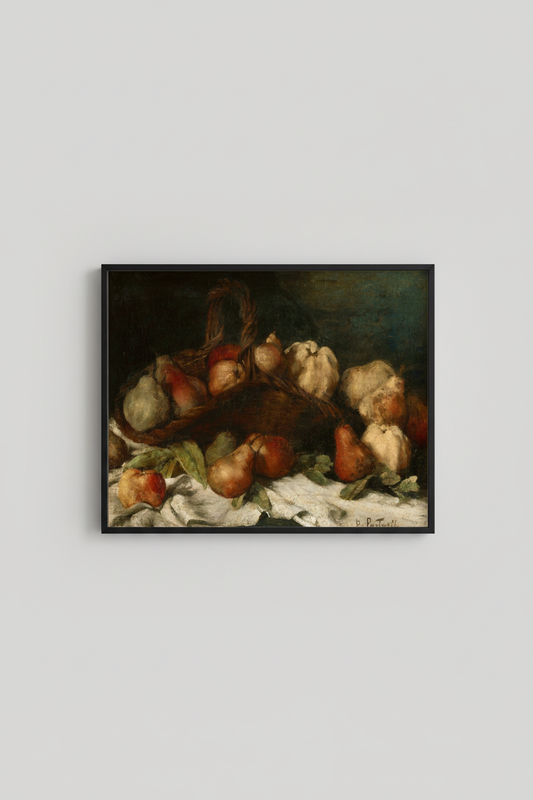 Vintage still life fine art print with fruit and draped cloth, displayed in simple black frame on light gray wall - classical kitchen wall art