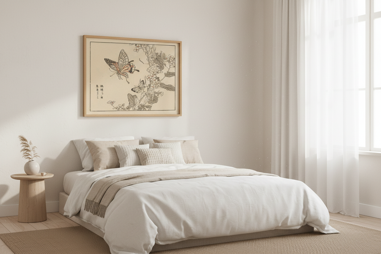Vintage Japanese butterfly botanical print in wood frame on light wall in serene minimalist bedroom