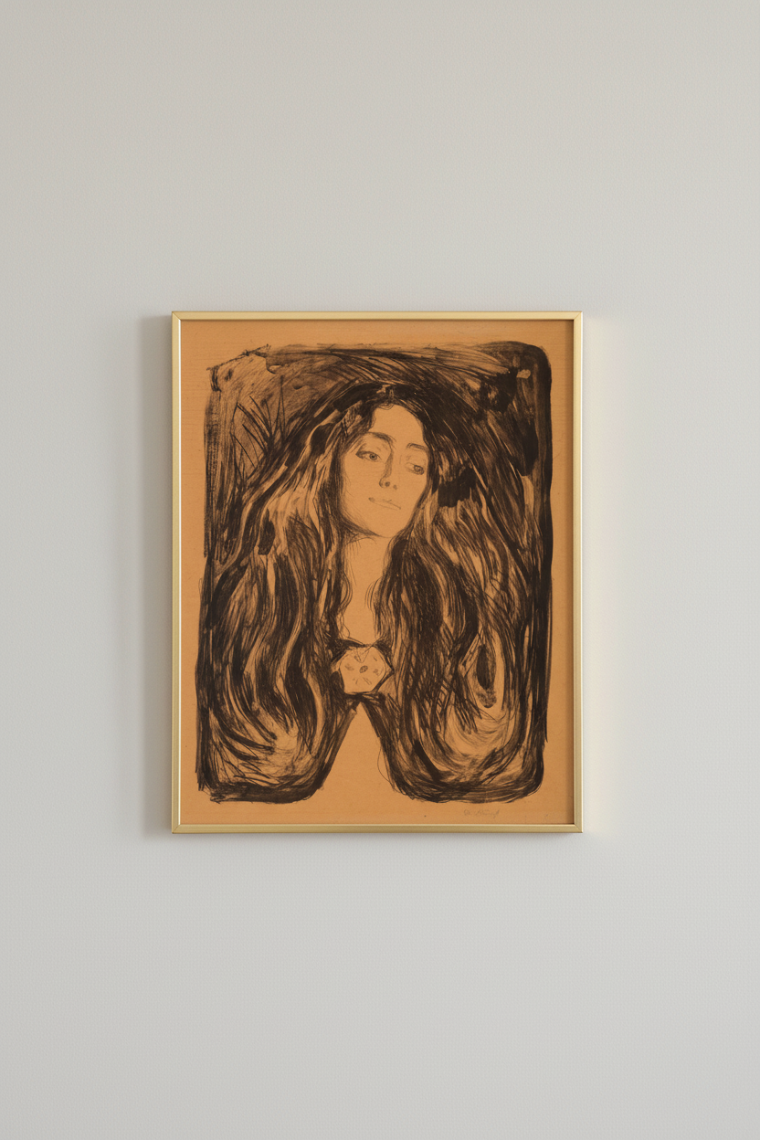 Vintage portrait illustration on warm ochre background, displayed in brassy gold frame on light gray wall - elegant home decor