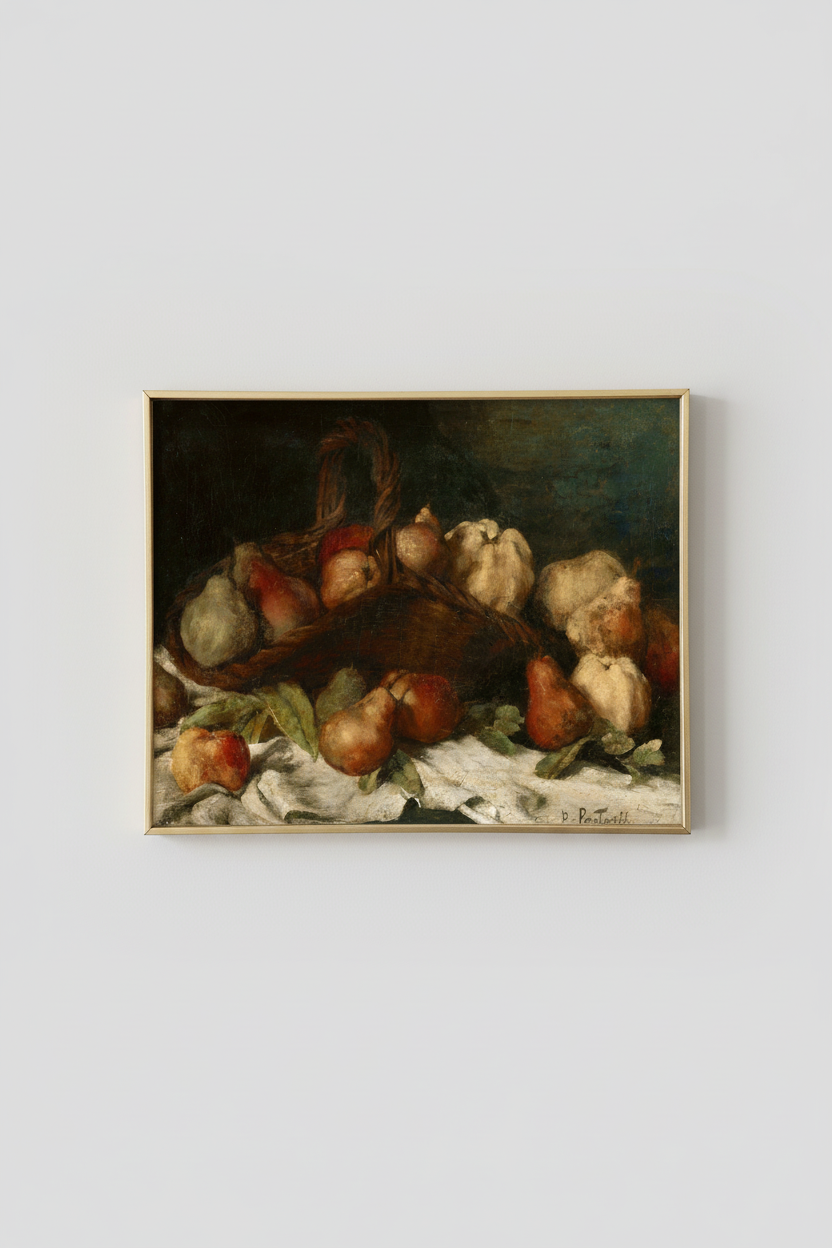 Vintage still life fine art print with fruit and draped cloth, displayed in brassy gold frame on light gray wall - rustic dining room decor