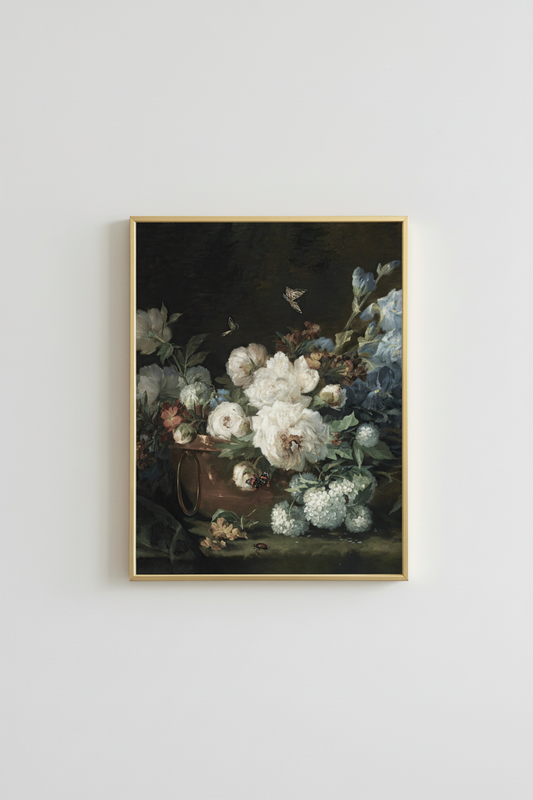 Vintage White Hydrangea Still Life in simple gold frame