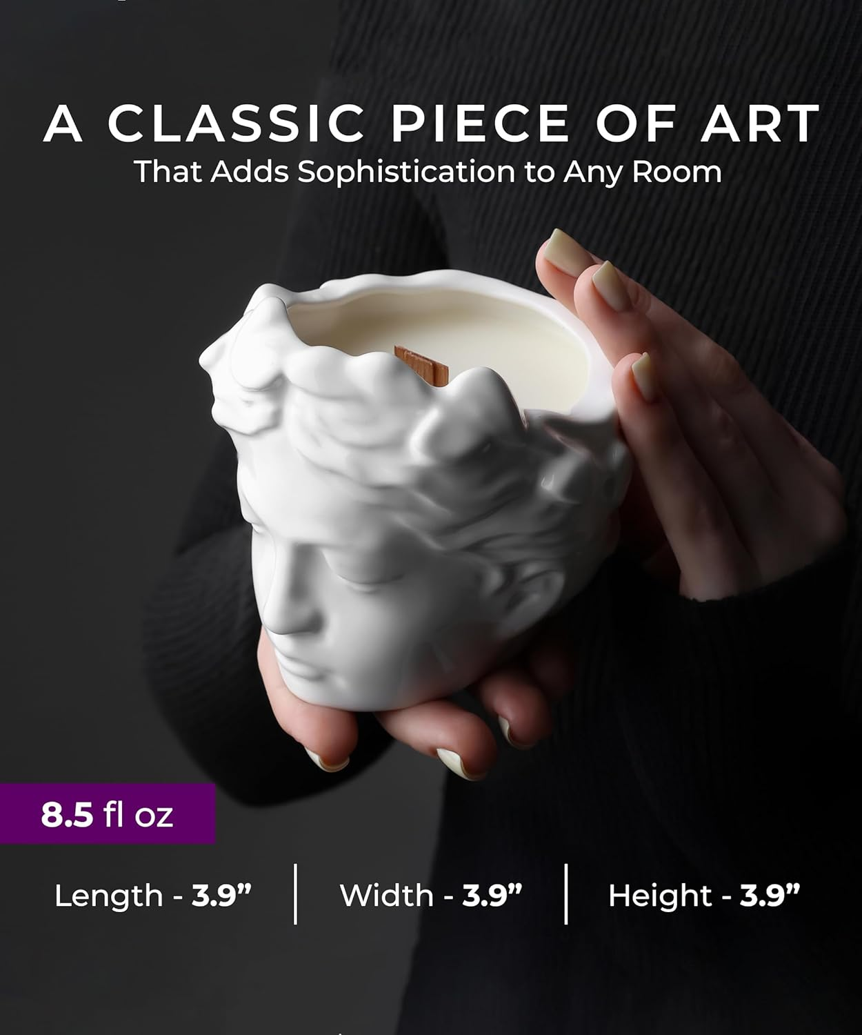 Greek Bust Sculpture Candle - Wood Wick Lavender Soy Candle - Dark Academia Decor