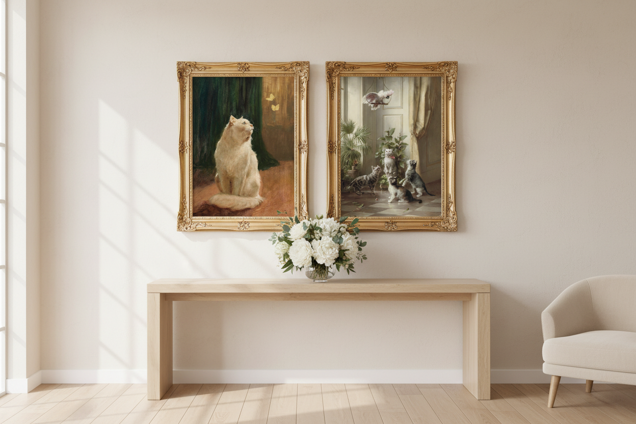Vintage cat art print set in gold frames on light wall in elegant minimalist room
