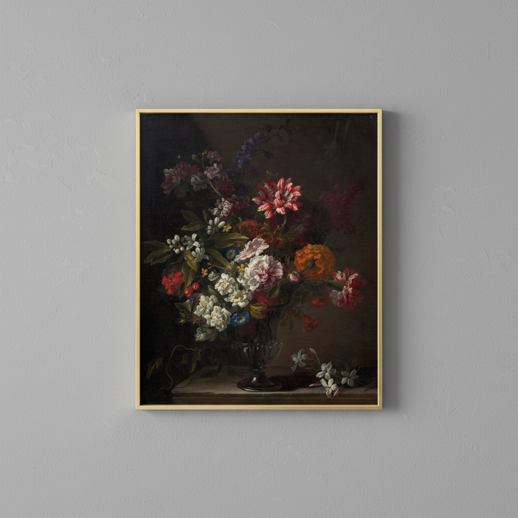 Dark romantic bouquet vintage floral fine art print, displayed in brassy gold frame on light gray wall - elegant home decor