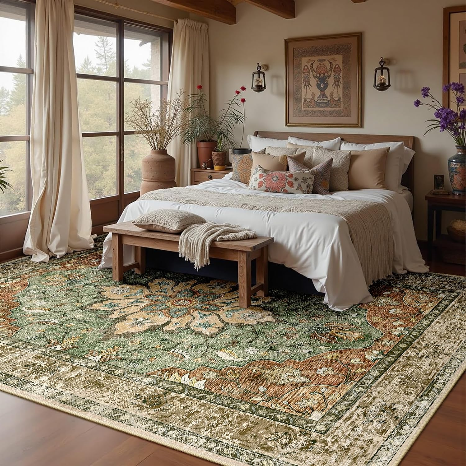 Cozy bedroom with a large floral rug, bed, and decorative elements.