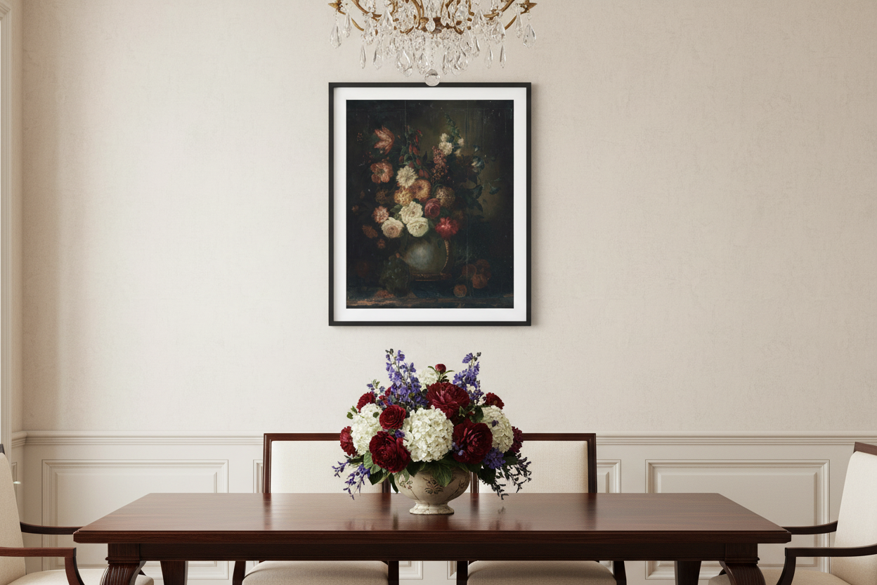 Dark romantic floral bouquet print in black frame on light wall in elegant dining room