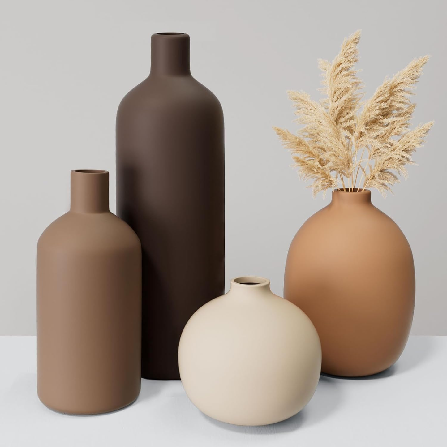 Ceramic Vase Set of 4 — Neutral Modern Decorative Flower Vases