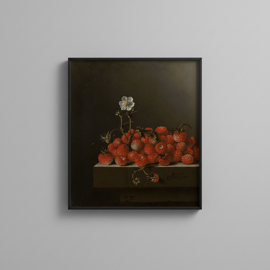 Vintage strawberry still life fine art print, displayed in simple black frame on light gray wall - botanical wall art