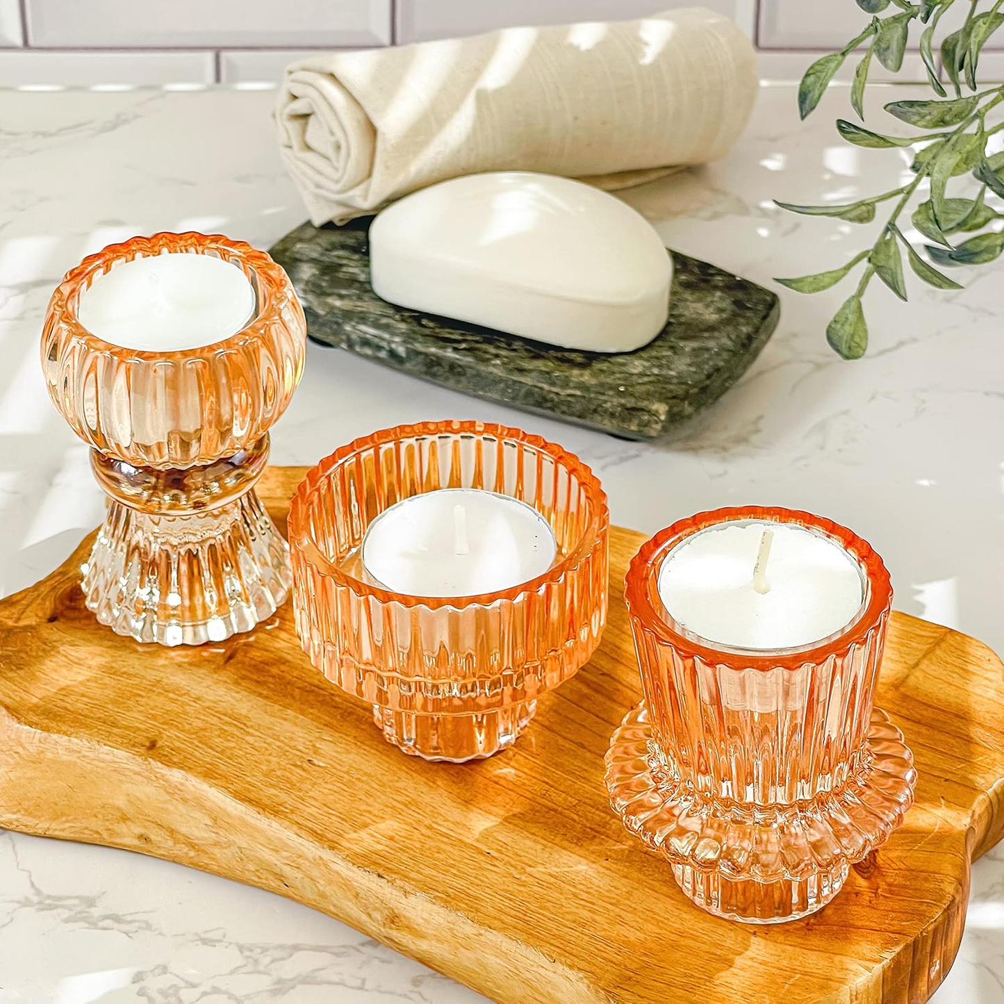 Vintage Ribbed Glass Rose Gold Candlestick Holders (Set of 6) – Tealight, Taper & Pillar Candle Holder Set
