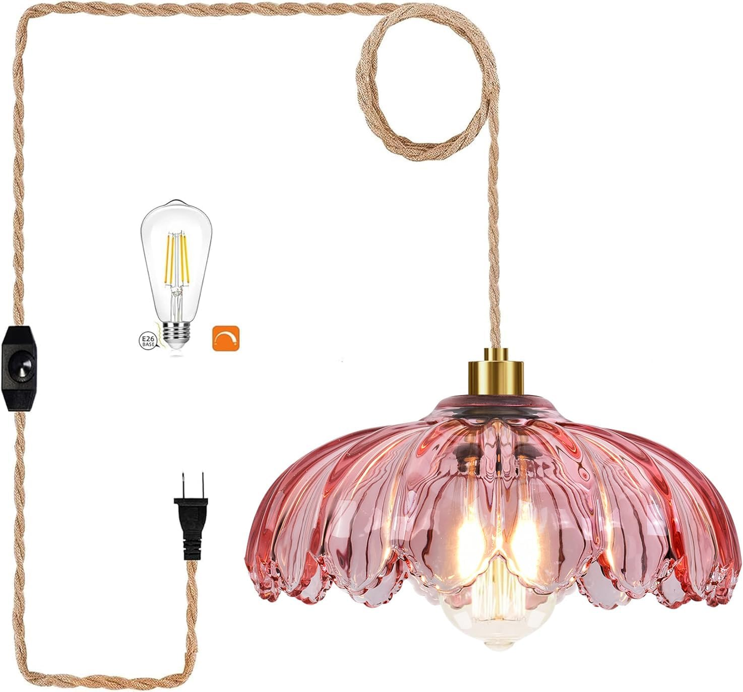 Pink Glass Pendant Light - Dimmable Flower Chandelier with Plug-In Cord & Gold Accents