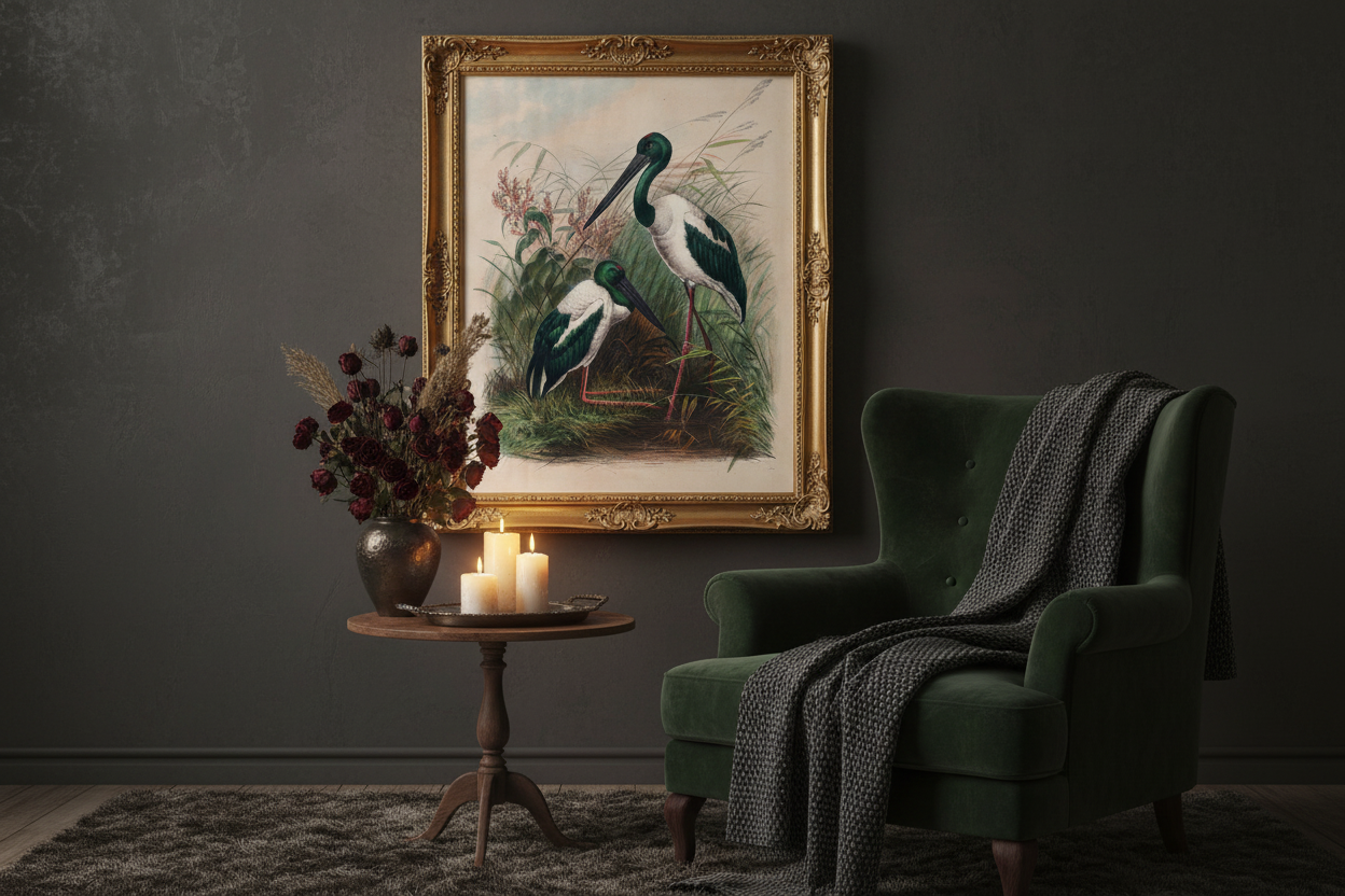 Vintage bird art in gold frame on dark wall in romantic gothic reading nook with candles