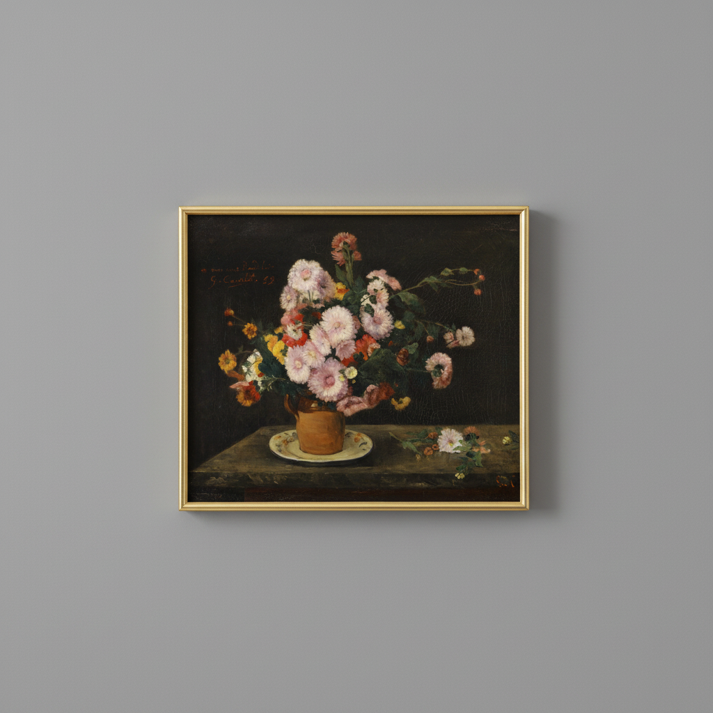 Vintage pink chrysanthemum still life fine art print, displayed in brassy gold frame on light gray wall - elegant home decor