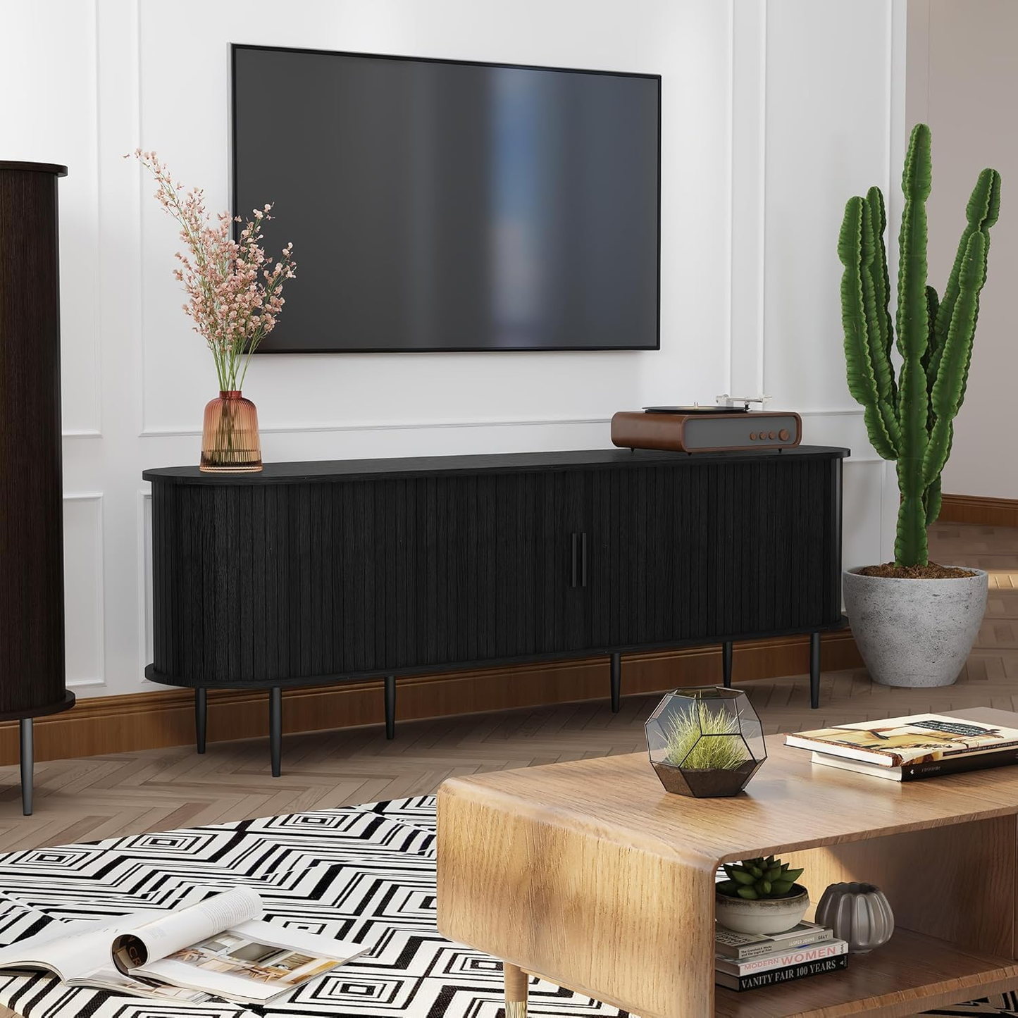 ARTPOWER 70" Modern TV Stand with Tambour Door - Black Entertainment Center for TVs up to 80"