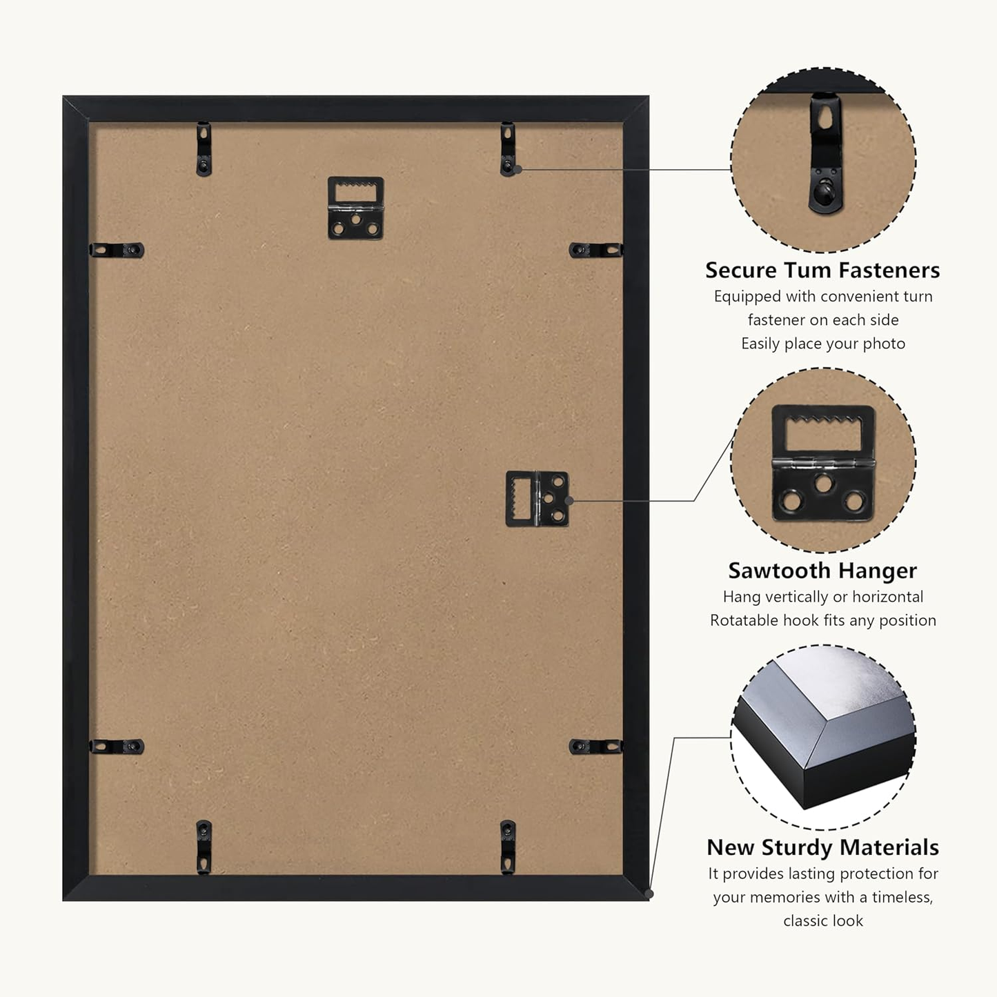 Back of a picture frame with features highlighted
