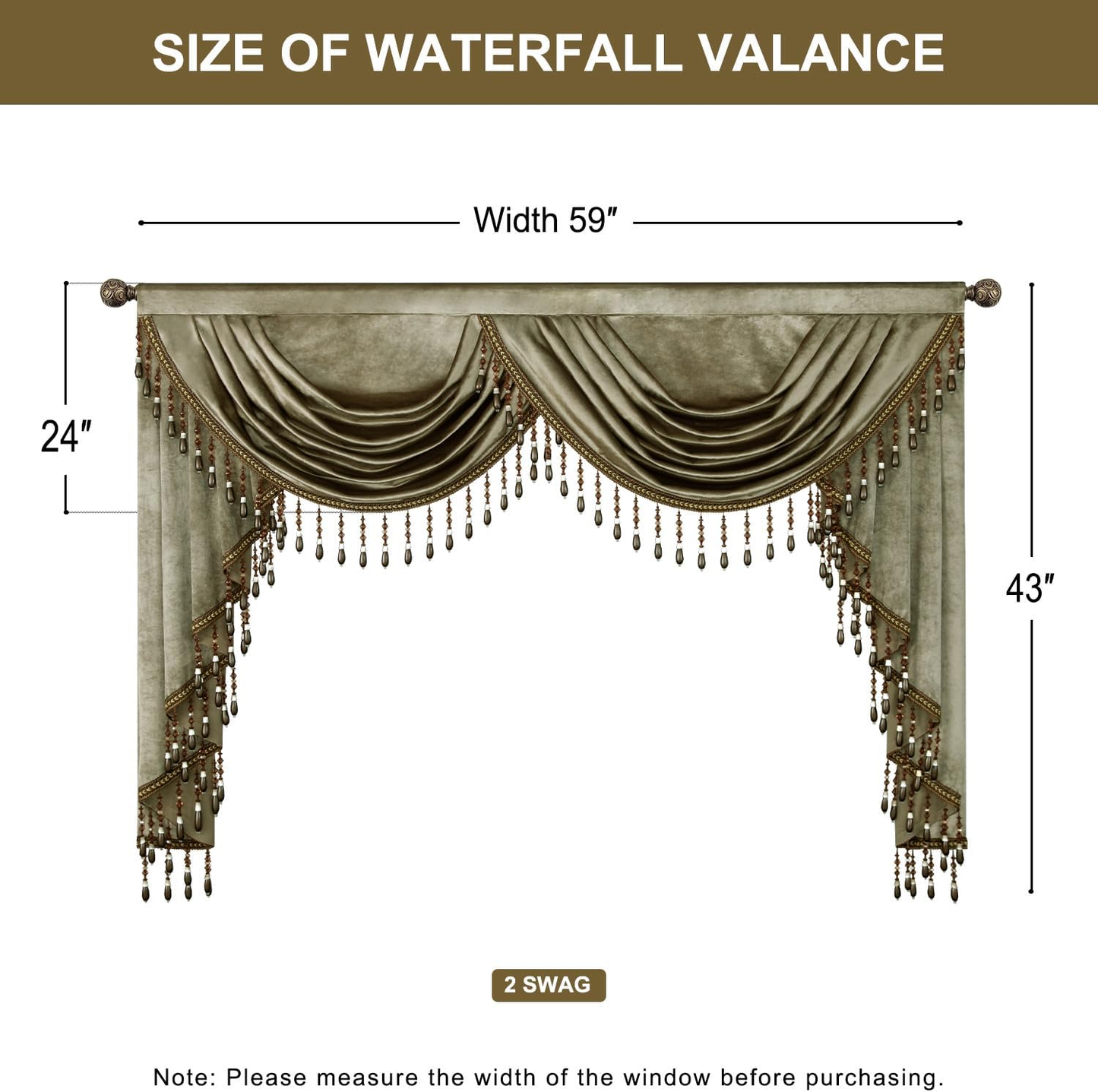 Vintage Waterfall Valance Curtain — Brown Velvet Window Treatment with Beaded Tassels