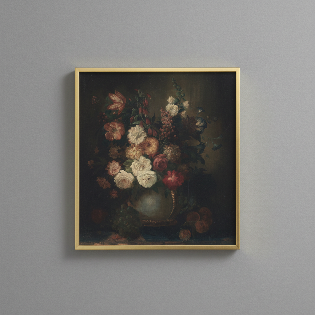 Vintage dark floral still life fine art print, displayed in brassy gold frame on light gray wall - elegant home decor
