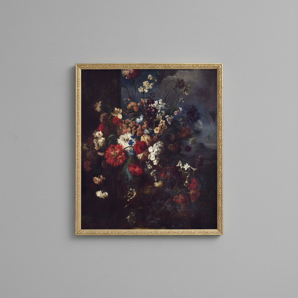Baroque floral dark vintage bouquet fine art print, displayed in brassy gold frame on light gray wall - elegant home decor